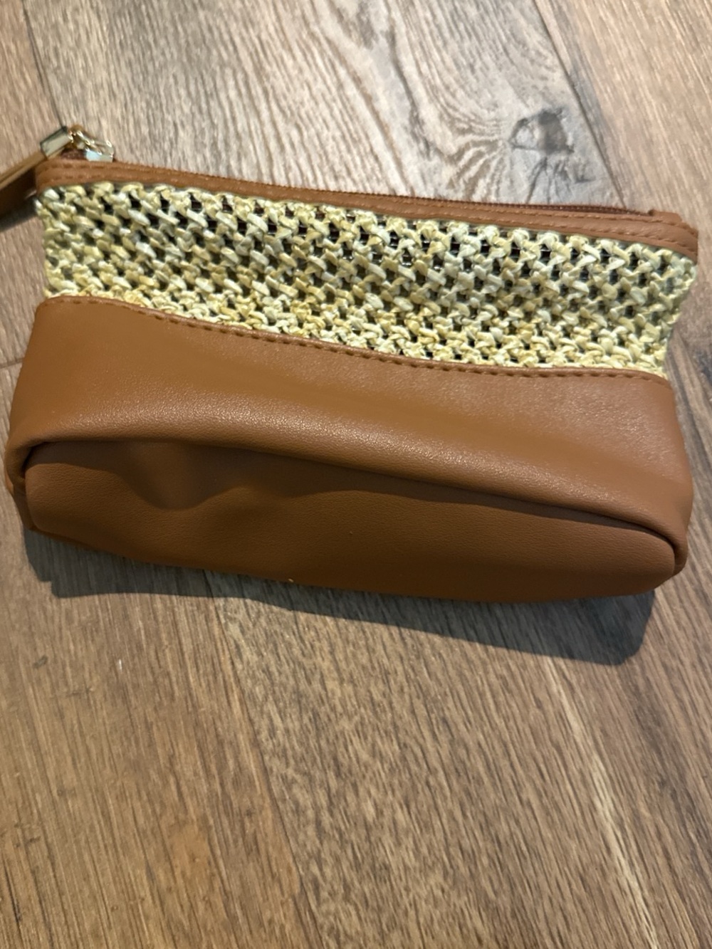 Tan and Cream Women’s Woven Small Cosmetic Bag